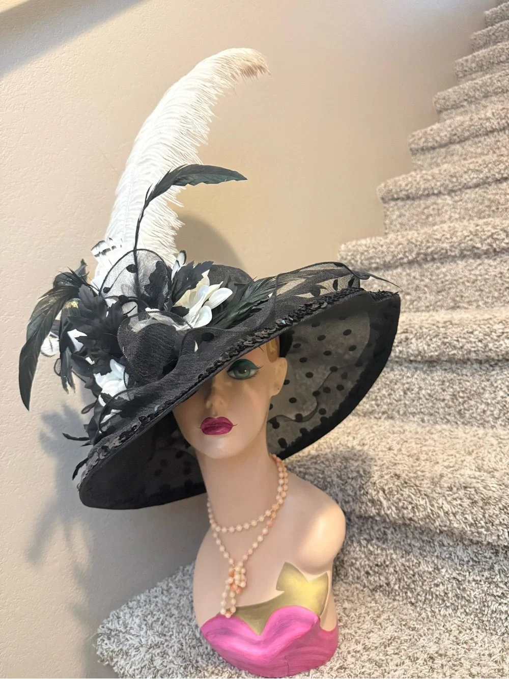 Elegant Black and White Feathered Floral hat blazing